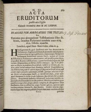 N. XI. [...] Calendis Novembris Anni M. DC. LXXXVIII.