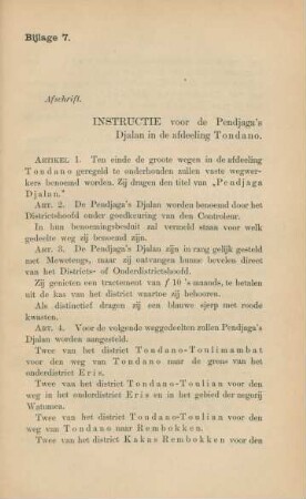 Bijlage 7. Afschrift. Instructie voor de Pendjaga's Djalan in de afdeeling Tondano.