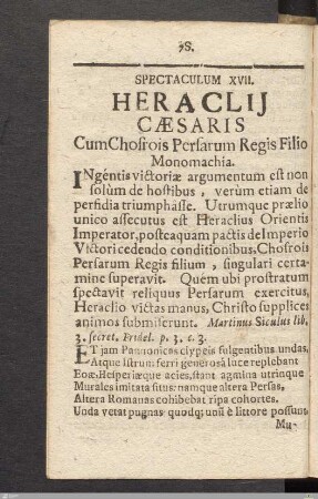 Spectaculum XVII: Heraclij Cæsaris Cum Chosrois Persarum Regis Filio Monomachia.