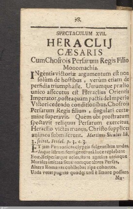 Spectaculum XVII: Heraclij Cæsaris Cum Chosrois Persarum Regis Filio Monomachia.