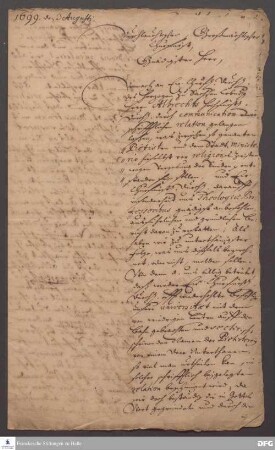 Brief des Dekans und der Professoren der Theologischen Fakultät der Universität Halle an Friedrich III., Kurfürst von Brandenburg.