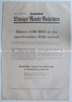 Sonderblatt der "Leipziger Neuesten Nachrichten" zum Kriegsverlauf in Nordafrika, an der amerikanischen Küste und im Mittelmeer