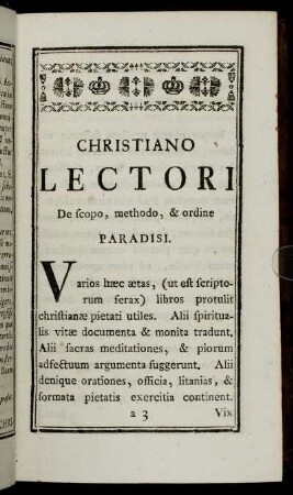Christiano Lectori De scopo, methodo, & ordine Paradisi.