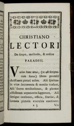 Christiano Lectori De scopo, methodo, & ordine Paradisi.