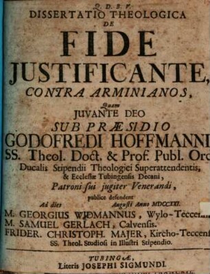 Diss. theol. de fide iustificante, contra Arminianos