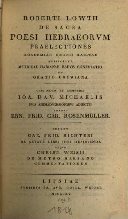 De sacra poesi Hebraeorum praelectiones academicae