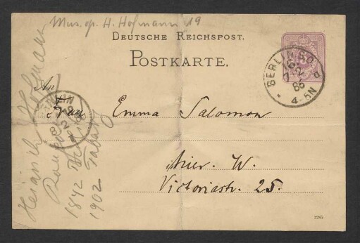 Postkarte an Emma Salomon : 07.02.1886