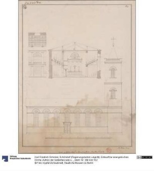 Schöndorf (Regierungsbezirk Liegnitz). Entwurf zur evangelischen Kirche. Aufriss der Seitenfassade und einer Fensterachse, Schnitt
