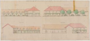 Fischer, Theodor; München; Bayerische Geschützwerke - Gesamtanlage der provisorischen Schlafhäuser Ost, - West, - Nord - u. Südseite (Ansichten)