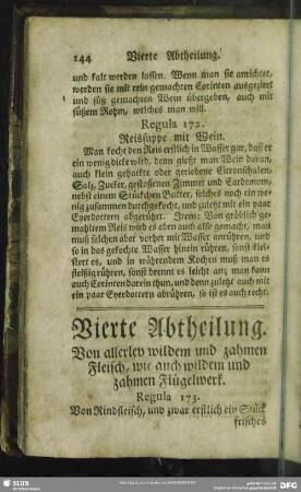 Vierte Abtheilung. Von allerley wilden und zahmen Fleisch, wie auch wildem und zahmen Flügelwerk