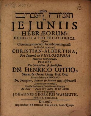Taʿani yyôt hā-civrîm de ieiuniis Hebraeorum exercitatio philol.