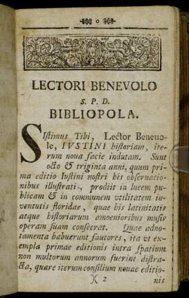 Lectori Benevolo S.P.D. Bibliopola.