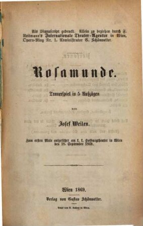 Rosamunde : Trauerspiel in 5 Aufzügen