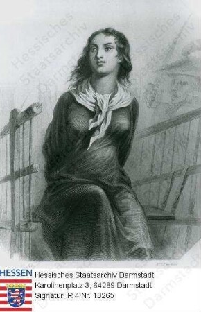Corday, Charlotte (1768-1793) / Porträt, auf Schinderkarren mit gefesselten Händen sitzend, Kniestück