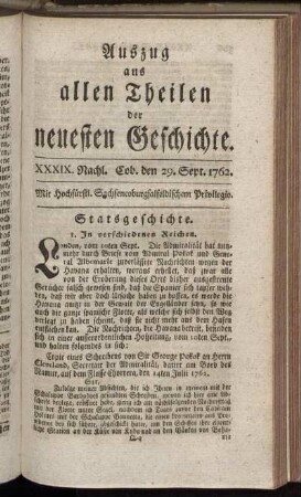 XXXIX. Nachl. Coburg, den 29. Sept. 1762.