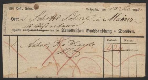 Lieferschein über zurückgesandte Musikalien