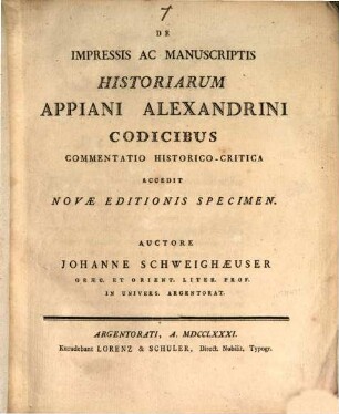 De Impressis Ac Manuscriptis Historiarum Appiani Alexandrini Codicibus Commentatio Historico-Critica : Accedit Novae Editionis Specimen