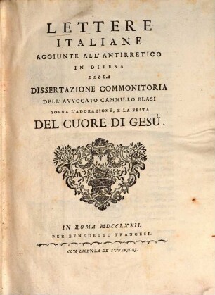 Lettere italiane aggiunte all'antirretico in difesa della dissertazione commonitoria dell'avvocato Cammillo Blasi