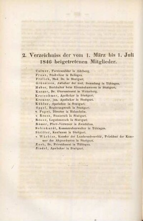 Verzeichniss der vom 1. März bis 1. Juli 1846 beigetretenen Mitglieder
