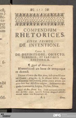 Caput I. De Definitione, Objecto, Subsidiis, Et Partibus Rhetoricæ.