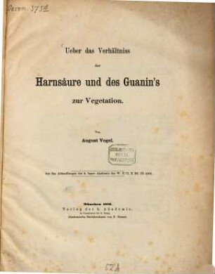 Ueber das Verhältniss der Harnsäure und des Guanin's zur Vegetation