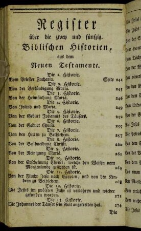 Register über die zwey und fünfzig Biblischen Historien, aus dem Neuen Testamente.