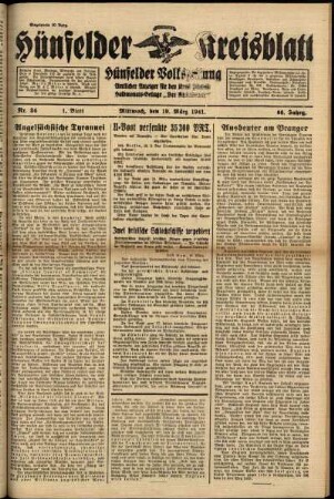 Erste Ausgabe vom Mittwoch, den 19. März 1941.