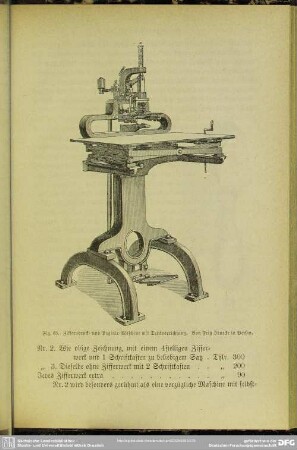 Fig. 63. Zifferndruck- und Paginir-Maschine mit Trittvorrichtung. Von Fritz Jänecke in Berlin