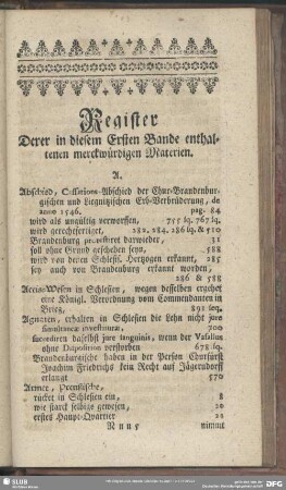 Register Derer in diesem Ersten Bande enthaltenen merckwürdigen Materien