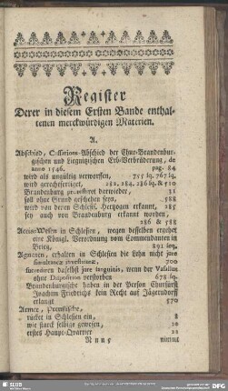 Register Derer in diesem Ersten Bande enthaltenen merckwürdigen Materien