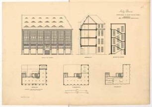 Warenhaus Monatskonkurrenz November 1911: Grundriss Erdgeschoss, 2. Obergeschoss, Dachgeschoss, Querschnitt, Treppenhausquerschnitt 1:200; Aufriss Straßenansicht 1:100; 2 Maßstabsleisten