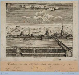 Stadtansicht von Dresden, im Hintergrund perspektivisch verzerrt Lilienstein, Königstein, Pirna-Sonnenstein, Großsedlitz und Leuben