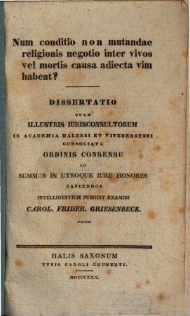 Num conditio non mutandae religionis, negotio inter vivos vel mortis causa adiecta, vim habeat? : dissertatio