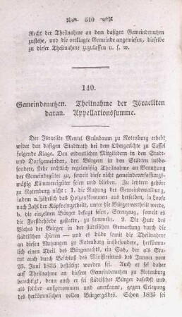 140. Gemeindenutzen. Theilnahme der Israeliten daran. Appellationssumme.