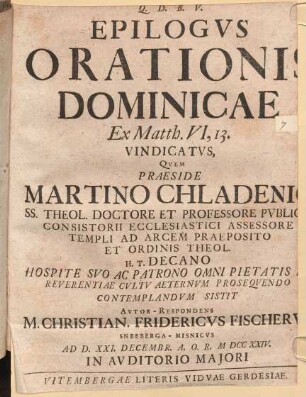 Epilogus orationis dominicae ex Matth. VI, 13 vindicatus