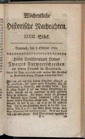 XXXXI. Stück. Bayreuth, den 7 October 1767.