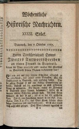 XXXXI. Stück. Bayreuth, den 7 October 1767.