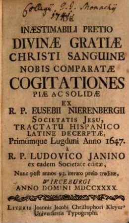 De Inaestimabili Pretio Divinae Gratiae Christi Sanguine Nobis Comparatae Cogitationes Piae Ac Solidae