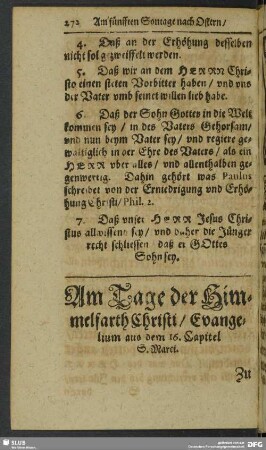 Am Tage der Himmelfarth Christi, Evangelium aus dem 16. Capitel S. Marci