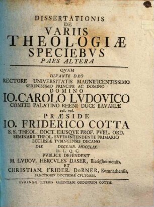 Diss. acad. de variis theologiae speciebus ..., Pars altera