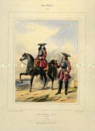 Uniformdarstellung, Musketiere, Königreich Frankreich, 1750/1774. Tafel Nr. 275 aus: Galerie Militaire.