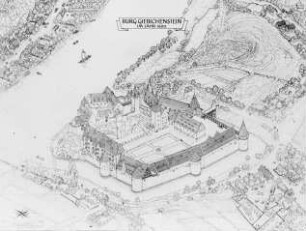 Halle (Saale), Burg Giebichenstein, Ober- und Unterburg, ru. die Altenburg, von Osten, graphische Rekonstruktion