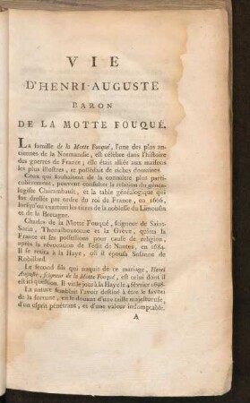 Vie D'Henri Auguste Baron De La Motte Fouqué