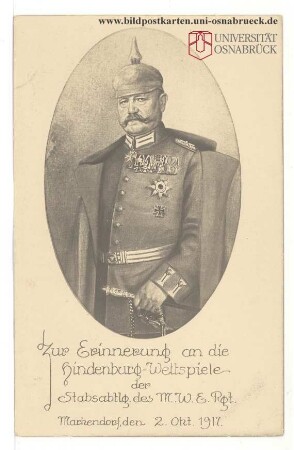 Zur Erinnerung an die Hindenburg-Wettspiele der Stabsabtlg. des M.W.E.Rgt. Marchendorf, den 2. Okt.1917