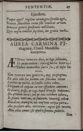 Aurea Carmina Pythagorae, Claud. Monsello interprete.