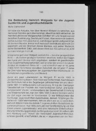 Die Bedeutung Heinrich Wolgast für die Jugendbuchkritik und Jugendbuchdidaktik