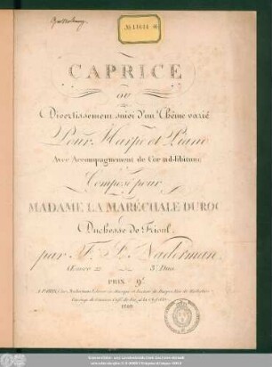 Caprice Ou Divertissement suivi d'un Thême varié Pour Harpe et Piano Avec Accompagnement de Cor [ad-libitum] : Œuvre 22, 3e. Duo