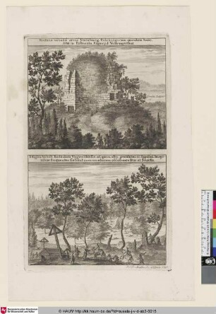 Suecia Antiqua et Hodierna; oben: [Ruine einer Zitadelle]; unten: [Landschaft in Yngemokialla]