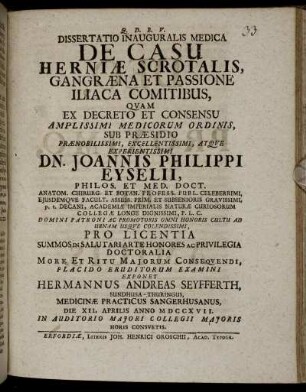 Dissertatio Inauguralis Medica De Casu Herniae Scrotalis, Gangraena Et Passione Iliaca Comitibus
