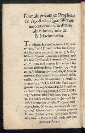 Formula precum ex Prophetis & Apostolis, Quae discernit invocationem Christianam ab Ethnica, Iudaica, & Machometica.